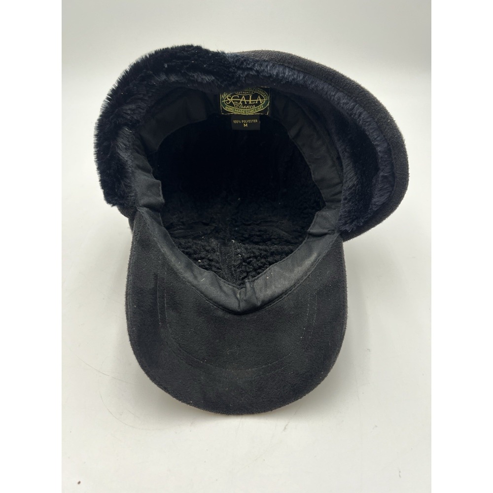 Scala Classics Black Faux Suede Ear Flap Winter Hat Faux Fur Lined Size M - Picture 12 of 14